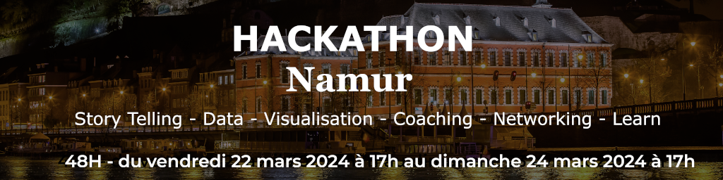 Le parlement de wallonie et la citadelle de namur avec un texte au dessus qui reprend les valeurs du hackathon: Learning, Coaching, networking